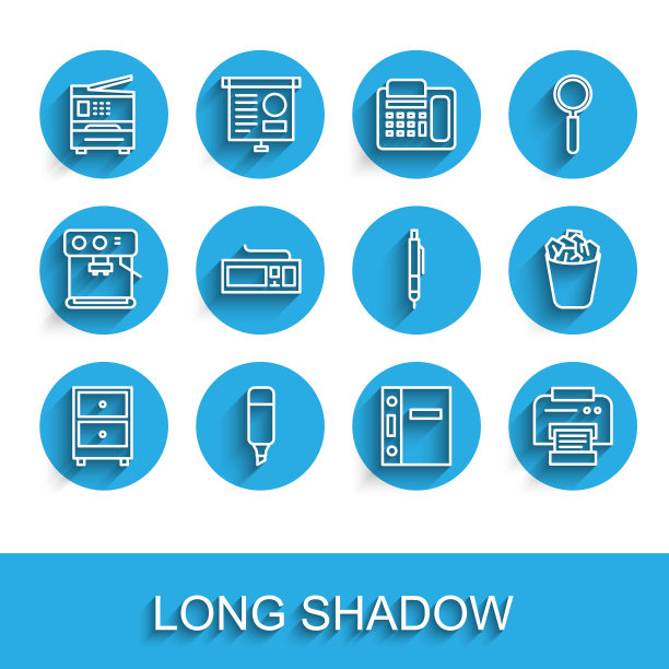 设置线抽屉与文件，标记笔，打印机，办公室文件夹，键盘，满垃圾桶和笔图标。向量图片下载