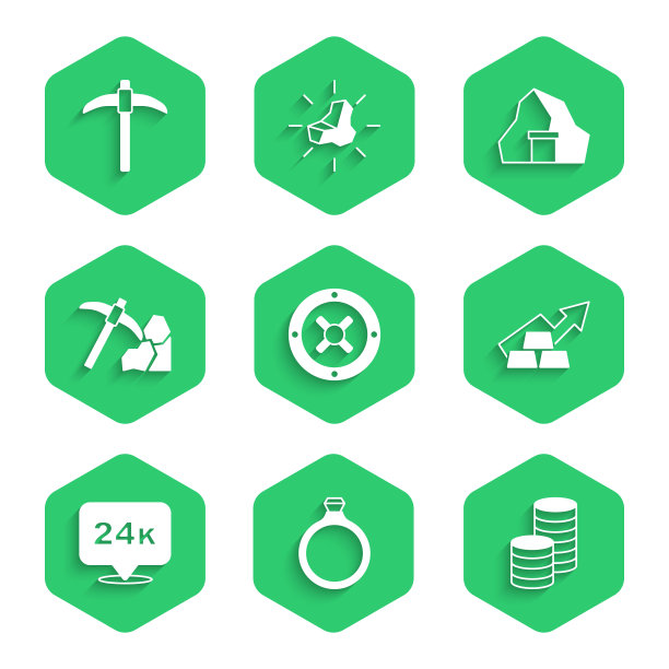 Set Safe, Gold ring, coin money, Growth arrow with Gold bars, 24k, mining, mine and Pickaxe icon。向量图片下载