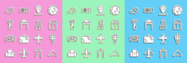 设置线喷气式战斗机，热气球，飞机机库，位置，飞行员帽子与护目镜，舵机，太阳和云天气和空中小姐的图标。向量图片下载