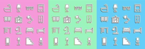 集办公椅、床、衣柜、木桌、洗手盆柜水龙头、抽屉柜、水和台灯图标于一体。向量图片下载