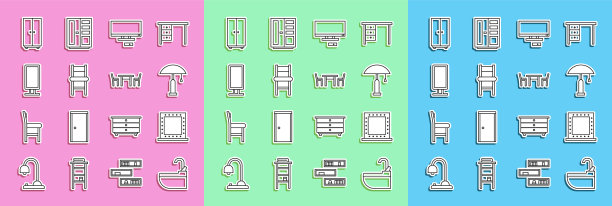 设置线洗脸盆水龙头，化妆镜灯，台灯，智能电视，椅子，大全长，衣柜和木制桌子椅子图标。向量图片下载