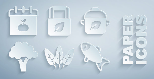 集叶，素食饮食，花椰菜，鱼，购物袋与回收和世界素食日的图标。向量图片下载