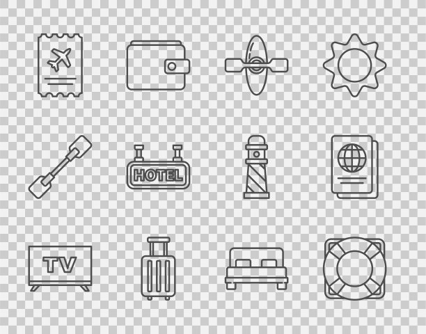 设置线智能电视，救生圈，皮艇或独木舟，手提箱，机票，招牌文字酒店，大床和护照图标。向量图片下载