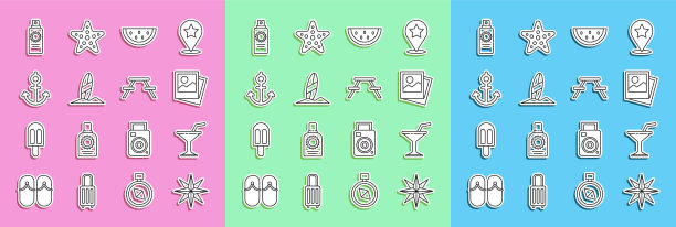 设置线风玫瑰，马提尼玻璃，照片，西瓜，冲浪板，锚，防晒霜喷雾瓶和长椅图标野餐桌。向量图片下载