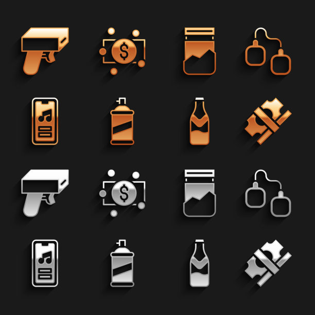 设置喷漆罐，手铐，纸钱现金，啤酒瓶，音乐播放器，毒品塑料袋，钱枪和图标。向量图片下载