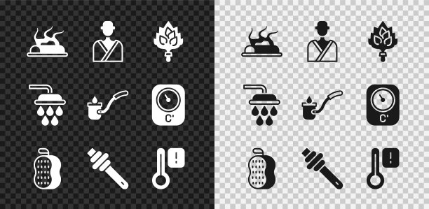 设置篝火，男子在桑拿，桑拿扫帚，毛巾，蜂蜜勺棒，温度计，淋浴和勺子图标。向量图片下载