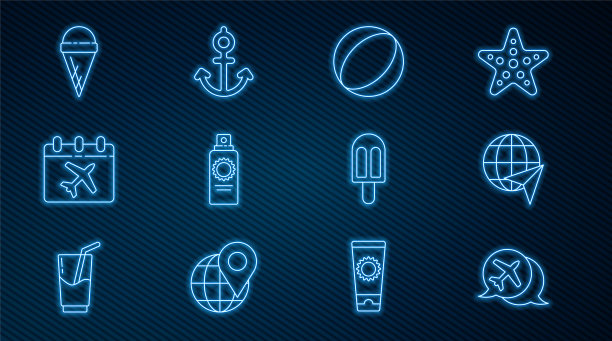 设置行语音气泡与飞机，全球飞行，海滩球，防晒霜喷雾瓶，日历和，冰淇淋华夫筒，和锚图标。向量图片下载