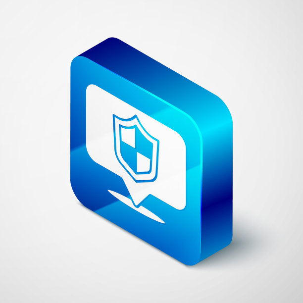 等距位置屏蔽图标孤立在灰色背景上。保险的概念。警卫队的迹象。安全、安全、保护、隐私理念。蓝色方块按钮。向量图片下载