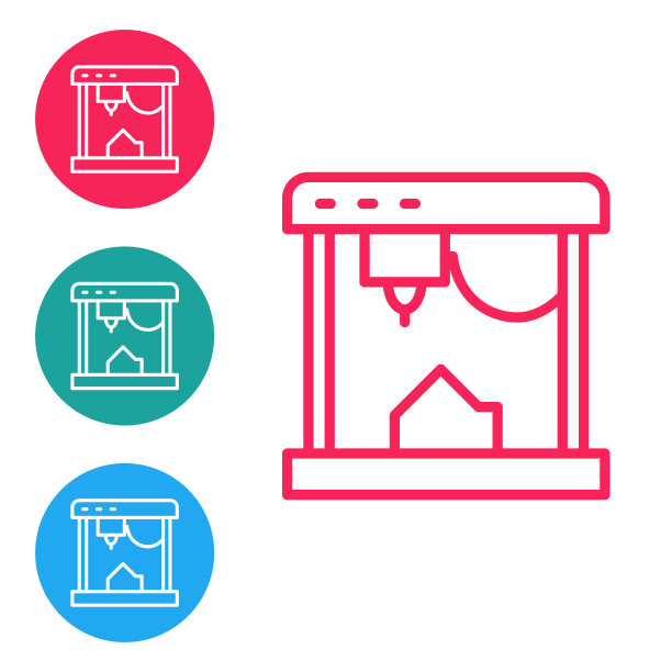 红线3D打印机图标孤立在白色背景上。在圆形按钮中设置图标。向量图片下载
