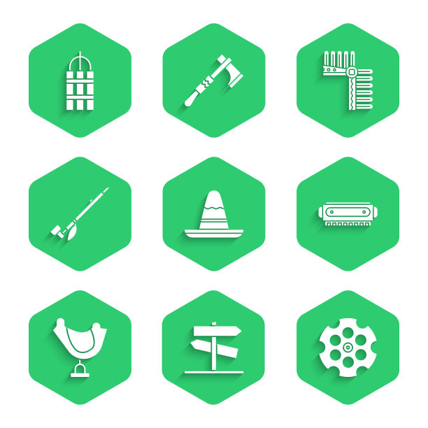 设置墨西哥宽边帽，左轮手枪筒，口琴，狂野西部马鞍，美国土著印第安人烟斗，印第安人头饰羽毛和引爆炸药炸弹棒图标。向量图片下载