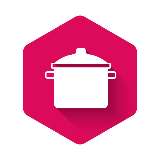 白色烹饪锅图标孤立与长阴影背景。象征煮或炖的食物。粉红色的六角按钮。向量图片下载