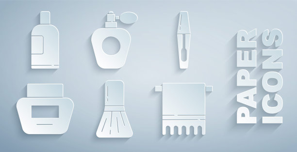 设置化妆刷，睫毛膏，乳霜或乳液化妆品管，毛巾衣架，香水和洗发水的图标。向量图片下载