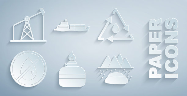 设置酒精或酒精燃烧器，油滴回收，无油，油田，油轮船和泵泵千斤顶图标。向量图片下载