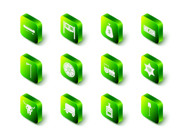 设置沙龙门，钱袋，叠纸钱现金，Hexagram治安官，铲子，复古火车，威士忌酒瓶和西大荒覆盖马车图标。向量图片下载