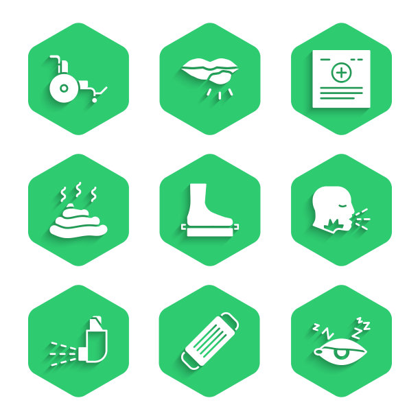 设置平足，医用防护口罩，失眠，男人咳嗽，吸入器，大便，临床记录和轮椅图标。向量图片下载