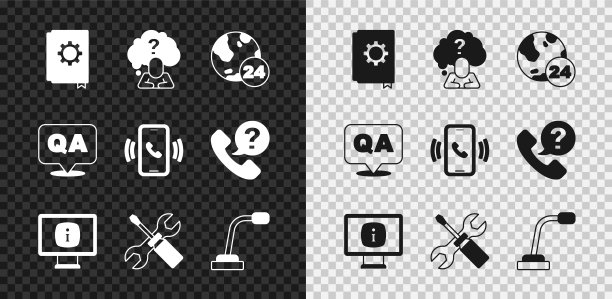 设置用户手册、带问号的头部、电话24小时支持、监控信息、螺丝刀和扳手、麦克风、问答和图标。向量图片下载