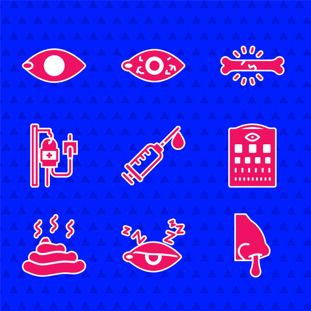 设置注射器，失眠，流鼻涕，视力测试表，大便，静脉袋，骨痛和失明图标。向量图片下载
