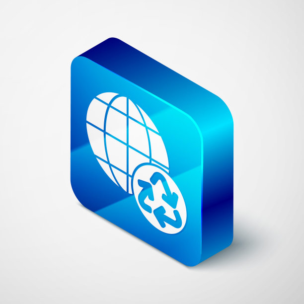 等距地球和一个回收图标孤立在灰色背景上。环境的概念。蓝色方块按钮。向量图片下载