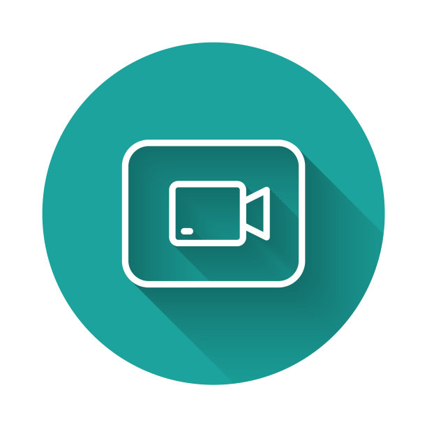 白线播放与长阴影背景隔离的视频按钮图标。薄膜带标志。绿色圆圈按钮。向量图片下载