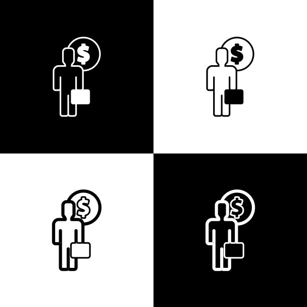 设置商人计划头脑图标孤立在黑白背景上。人头与美元。赚钱的想法。商业投资增长。向量图片下载