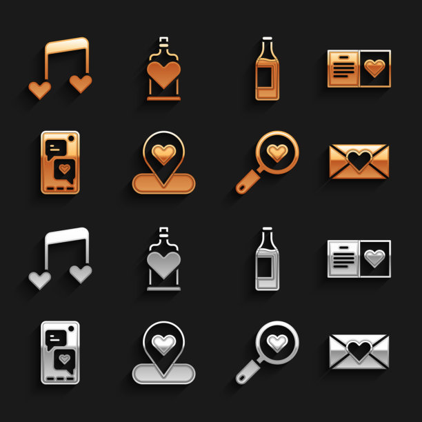 Set Location with heart, valentine day party flyer, Envelope, Search and love, Mobile, Wine bottle, Music note, tone hearts and bottle potion icon。向量图片下载