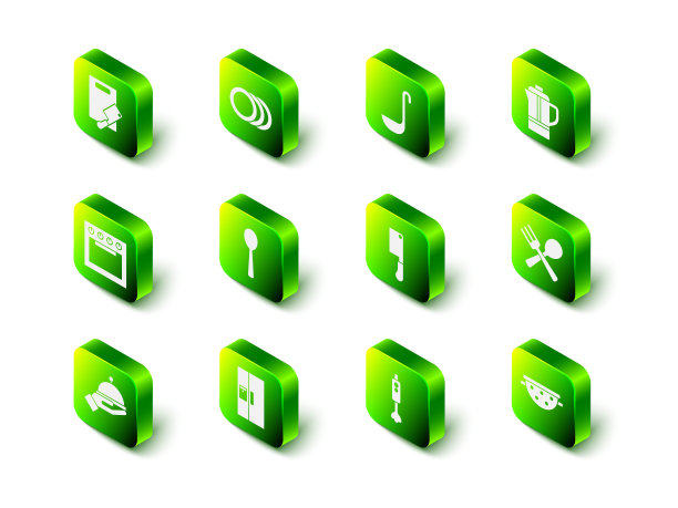 设置盘子，厨房勺子，茶壶，叉和勺子，漏勺，肉菜刀，搅拌机和冰箱图标。向量图片下载