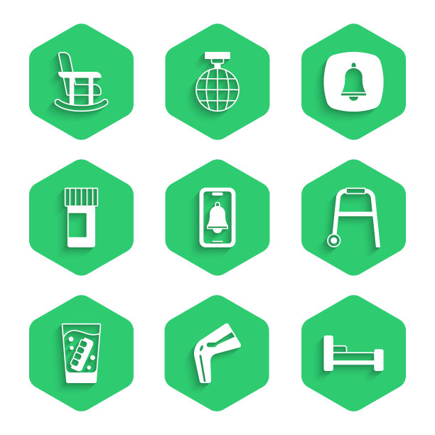 设置紧急电话、骨痛、床、助行器、假下巴玻璃、药瓶和药丸、摇椅图标。向量图片下载