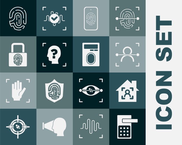 可设置数字门锁、智能家居、人脸识别、手机指纹扫描、指纹和图标。向量图片下载