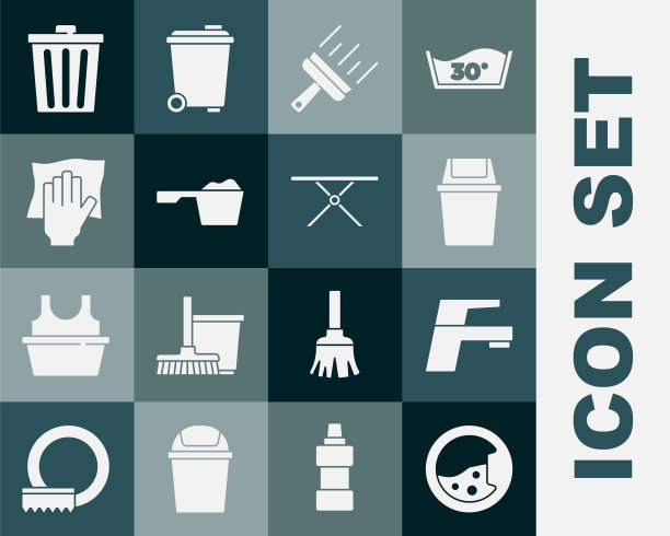 设置洗衣机、水龙头、垃圾桶、窗户的橡胶清洁剂、洗衣粉、清洁服务和烫衣板图标。向量图片下载