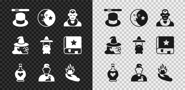 设置魔法帽和魔杖，月亮星星，巫师，瓶子与爱情药水，手握火，女巫和图标。向量图片下载