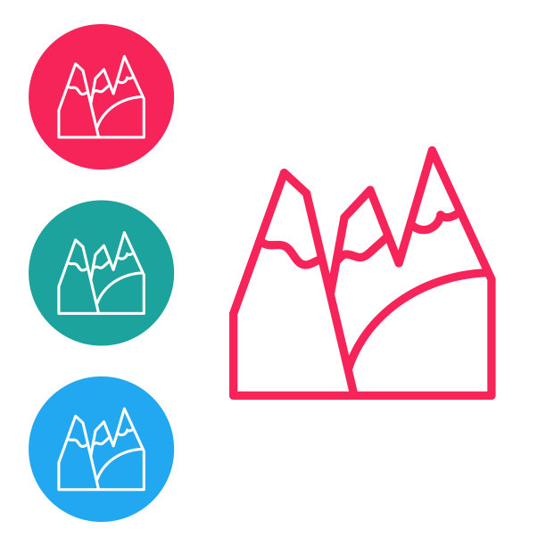 红线山脉图标孤立在白色背景上。象征胜利或成功的概念。目标的成就。在圆形按钮中设置图标。向量图片下载