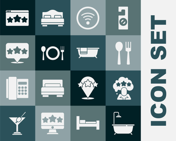 浴缸带淋浴，五星评级评论，叉子和勺子，Wi-Fi无线，盘子，刀叉和图标。向量图片下载