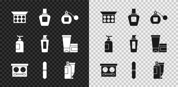 设置化妆粉与镜子，香水，眼影调色板，指甲锉，霜乳液化妆品管，和洗发水的瓶子图标。向量图片下载