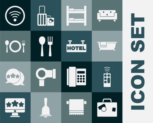 设置行李箱，遥控器，浴缸，酒店房间床，叉子和勺子，盘子，刀叉，Wi-Fi无线和带有文本图标的招牌。向量图片下载