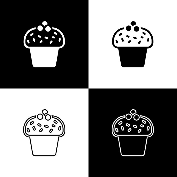 设置蛋糕图标孤立在黑白背景上。生日快乐。向量图片下载