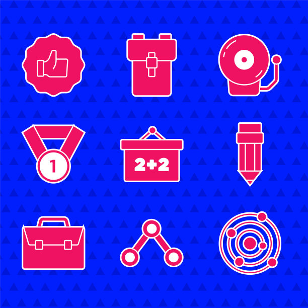 设置黑板，分子，太阳系，铅笔与橡皮擦，公文包，奖章，响警钟和手拇指向上的图标。向量图片下载