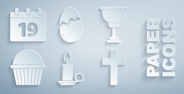 设置蜡烛在烛台，基督教圣杯，复活节蛋糕，十字架，破碎的鸡蛋和日历与快乐的图标。向量图片下载