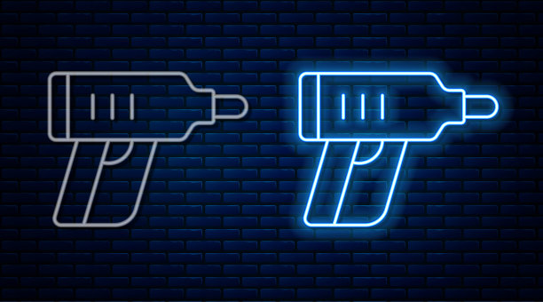 发光的霓虹灯线电动无绳螺丝刀图标孤立在砖墙背景上。电动钻机。修复工具。向量图片下载