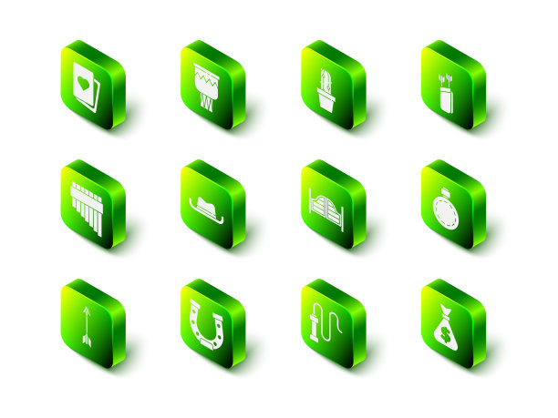 设置鼓，仙人掌仙人掌在壶，箭袋与箭，水壶水瓶，钱袋，酒吧门，皮鞭和马蹄铁图标。向量图片下载