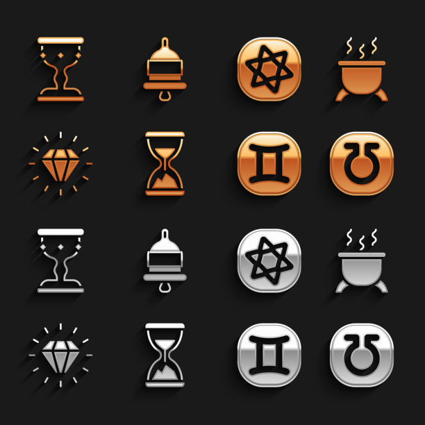 设置旧沙漏与沙子，女巫坩埚，生命，双子星座，钻石，塔罗牌，中世纪高脚杯和响警钟图标。向量图片下载