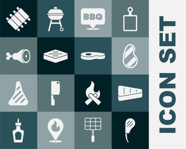 集肋排眼牛排，牛排肉，烧烤，鸡腿，烤猪肉烧烤排骨和图标。向量图片下载