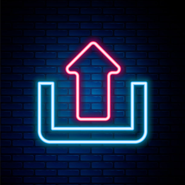 发光的霓虹灯线上传图标孤立在砖墙背景上。向上箭头。色彩斑斓的轮廓的概念。向量图片下载