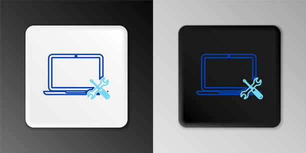 线笔记本电脑与螺丝刀和扳手图标孤立在灰色背景上。调整、服务、设置、维护、修理、修理。色彩斑斓的轮廓的概念。向量图片下载