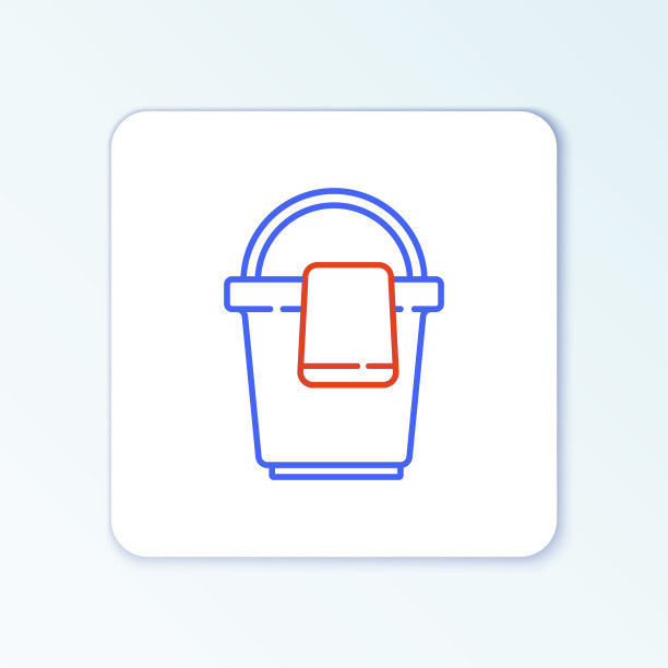 线条桶与抹布图标孤立在白色背景上。清洁服务理念。色彩斑斓的轮廓的概念。向量图片下载