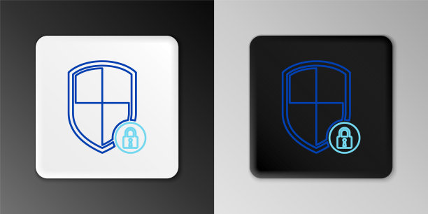 线盾安全与锁定图标孤立在灰色背景。保护，安全，密码安全。防火墙访问隐私签名。色彩斑斓的轮廓的概念。向量图片下载
