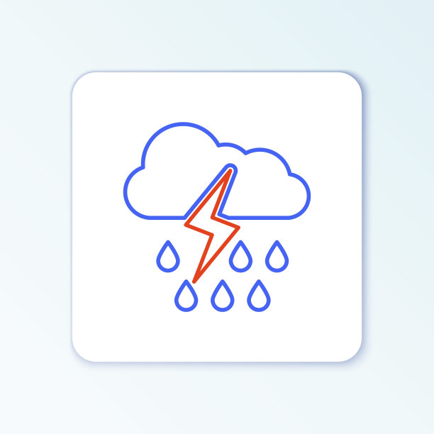 线云与雨和闪电图标孤立在白色背景上。雨云以雨滴降水。风暴的天气标志。色彩斑斓的轮廓的概念。向量图片下载