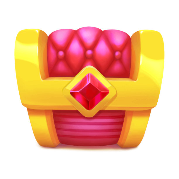 封闭的黄金宝藏箱与红宝石。卡通风格的游戏图标。带有金色盒子和粉色条纹天鹅绒的海盗箱。图片下载