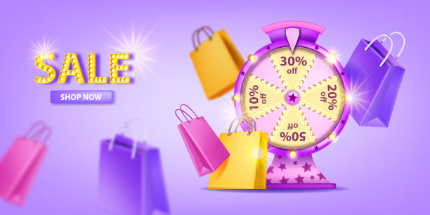 3D特价背景，矢量幸运轮购物提供横幅，运气轮盘赌游戏，包。图片下载
