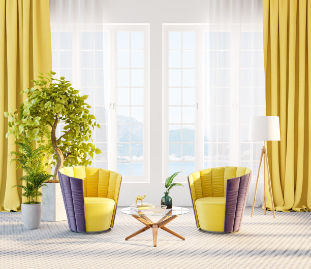 现代客厅室内设计与当代扶手椅3d渲染图片下载