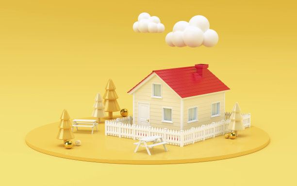3d渲染云层下的微型房子野餐区概念库存照片图片下载